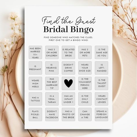 Find The Guest Bridal Shower Bingo Game Card Find The Guest Bingo Bridal Shower Game, Wedding Bingo Printable Free, Bridal Shower Bingo Printable Free, Bingo Printable Free, Wedding Bingo, Free Bingo Cards, Find The Guest, Bridal Shower Bingo, Bingo Template