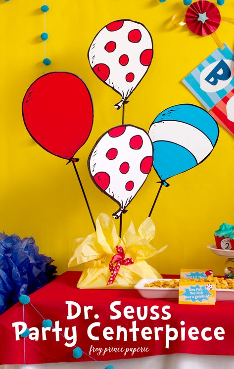 Dr. Seuss Party Centerpieces - Craft Lightning - Frog Prince Paperie Diy Dr Seuss Decorations, Dr Seuss Birthday Party Ideas, Party Centerpieces Diy, Dr Seuss Party Ideas, Doctor Suess Birthday, Cat In The Hat Party, Dr Seuss Party, Dr Seuss Classroom, Dr Seuss Crafts