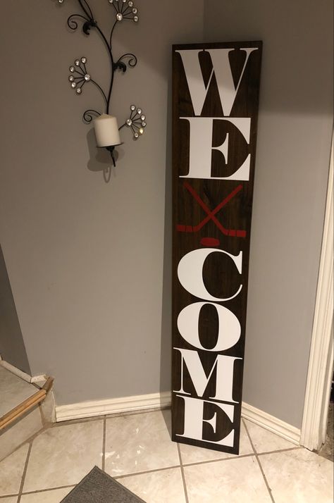 2024 Ideas, Dark Stain, Hockey Stick, Dark Stains, Cricut Vinyl, Vinyl Lettering, Welcome Sign, Ladder Decor, Hockey