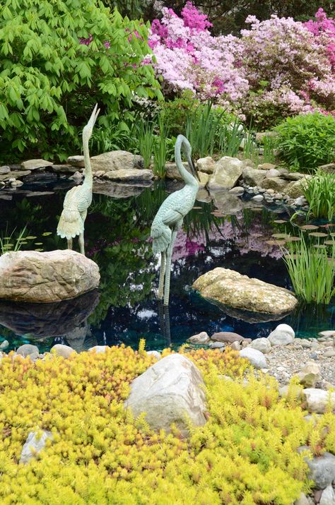 pond with heron statues Secret Hideaway, Water Pond, Garden Whimsy, Creative Home Decor, Water Garden, Flower Beds, Water Features, Garden Sculpture, Outdoor Living