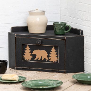 A Black Forest Decor Exclusive - Add a rustic woodland accent to your kitchen with this solid knotty pine corner breadbox featuring a bear and pine design with a weathered black finish. Dust with a dry to damp cloth. Made in the USA. 24"W x 17"D x 12"H. Black Bear Decor, Lodge Bedding, Rustic Wood Crafts, Bear Cabin, Log Cabin Ideas, Dream Cabin, Black Forest Decor, Log Cabin Decor, Bear Silhouette