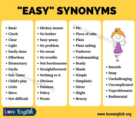 Another Word for EASY: 45+ Synonyms for Easy to Expand Your Vocabulary - Love English Easy Synonyms, Better Synonyms, Synonyms Words, List Of Synonyms, Transition Words For Essays, Descriptive Adjectives, Improve English Writing, Synonyms For Awesome, Expand Your Vocabulary