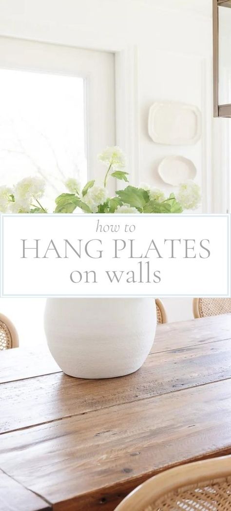 Platter On Wall, Diy Plate Hangers For Wall, Hanging Large Platters On Wall, Dishes On Wall Decor, Dining Room Plates On Wall, Wall Hanging Plates Home Decor, Hanging China On The Wall, Plates Above Kitchen Cabinets, Plate Hanging Ideas The Wall