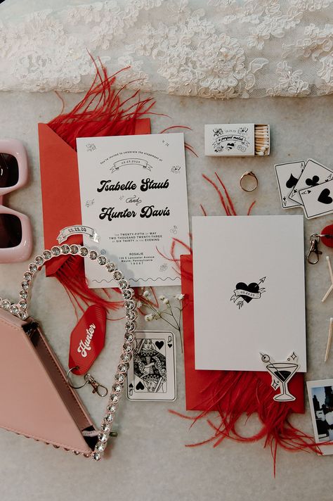 Wedding Invitations Elopement, Vegas Wedding Invite, Retro Western Wedding, Retro Wedding Invites, Retro Wedding Aesthetic, Red Black White Wedding, Pink Thunderbird, Retro Elopement, Vegas Wedding Invitations