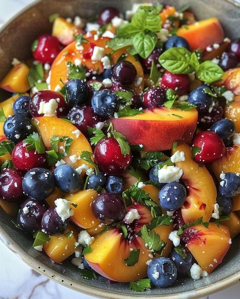 Blueberry Peach Feta Salad Feta Fruit Salad, Fruit Salad With Blueberries, Salad Charcuterie Boards, Blueberry Side Dish, Peach Blueberry Salad, Healthy Sides For Sandwiches, Blueberry Peach Feta Salad, Blueberry Salads, Blueberry Fruit Salad