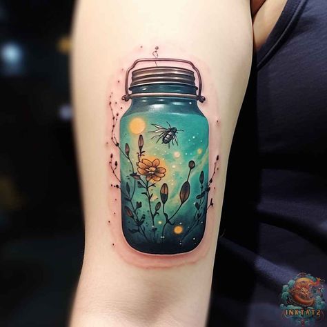 Unleashing the Magic: The Enchanting World of Firefly Tattoos: 54 Designs - inktat2.com Lightning Bugs In A Jar Tattoo, Mushroom In A Jar Tattoo, Mason Jar With Fireflies Tattoo, Jar Of Dirt Tattoo, Firefly Tattoo Simple, Lighting Bug Tattoo, Lantern Tattoo Ideas, Firefly Symbol, Lightning Bug Tattoo