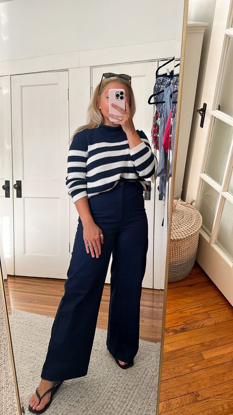 Fall 2023 fashion trends / fall 2023 outfit idea Blue Stripped Sweater Outfits, Navy Stripe Sweater, Navy And White Sweater Outfit, Navy Blue Striped Sweater Outfit, Blue And White Striped Sweater Outfit, Coastal Grandmother Fashion, Navy Striped Top Outfit, Navy Striped Sweater Outfit, Blue Striped Sweater Outfit