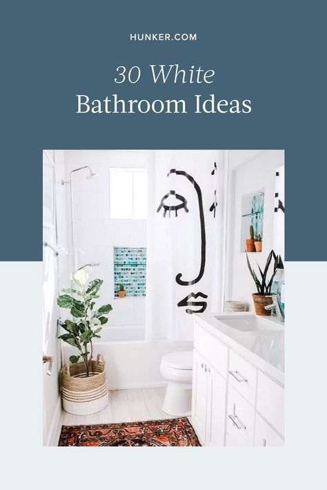 An all-white palette feels fresh, bright, and clean — making it the perfect backdrop for your bathroom. Take a peek at these beguiling bathroom decorating ideas. #hunkerhome #whitebathroom #bathroom #bathroomideas #whitebathroominspo Adding Color To White Bathroom, White Bathrooms With Pop Of Color, Bathroom Interior Design White, All White Bathroom Ideas, Bathroom White Walls, White On White Bathroom, Bathroom With White Walls, Calming Bathroom Ideas, Bright Bathroom Colors