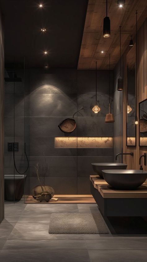 Rustic Chic Bathrooms, Masculine Interior Design, Modern Black Bathroom, Luxury Spa Bathroom, Chic Bathroom Decor, Bathroom Design Black, Dark Bathrooms, Bathroom Color Schemes, Bathroom Design Trends