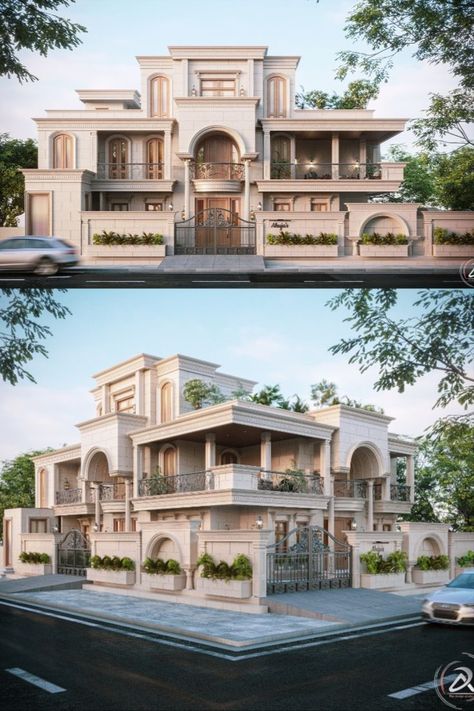 Classical Villa Design, Traditional Villa Design, Classical Residence Elevation, Traditional House Elevation, Lighting Design Exterior, Modern Villa Design Exterior, Modern Bungalow Exterior Design, Exterior Trim Ideas, Classic House Facade