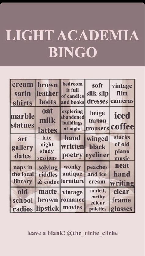 Dark Academia Bingo, Different Cores Types List, Types Of Aesthetics List, Aesthetics List, Bingo Challenge, Interesting Activities, Types Of Aesthetics, Book Dress, Dark Academy