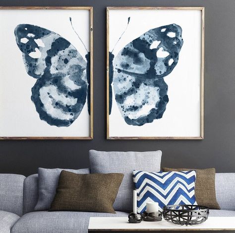 Blue Butterfly Bedroom Ideas, Split Butterfly Wall Art, Butterfly Home Decor, Wall Decor Butterfly, Wall Art Butterfly, Frame Watercolor, Painting Butterfly, Art Papillon, Poster White