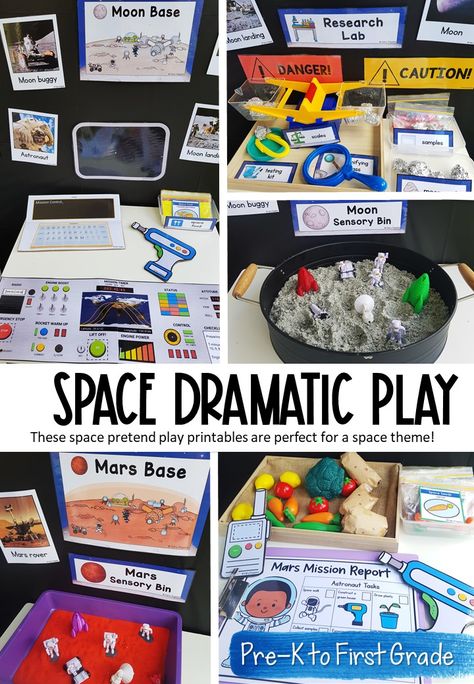 This Space Station dramatic play center is so much fun for pretend play! It integrates the learning of play, social, literacy, numeracy and science skills. Kids can play in the Space Station, Mission Control Center, Mars Base or Moon Base! #spaceunit #spacetheme #spacedramaticplay #spacepretendplay #prek #preschool #kindergarten #kidsplay #dramaticplaycenter #pretendplaycenter #outerspace #spacestation Space Station Role Play, Space Pretend Play, Prek Goals, Space Station Dramatic Play, Space Dramatic Play, Spaceship Control Panel, Space Activities Preschool, Dramatic Play Ideas, Walker Learning