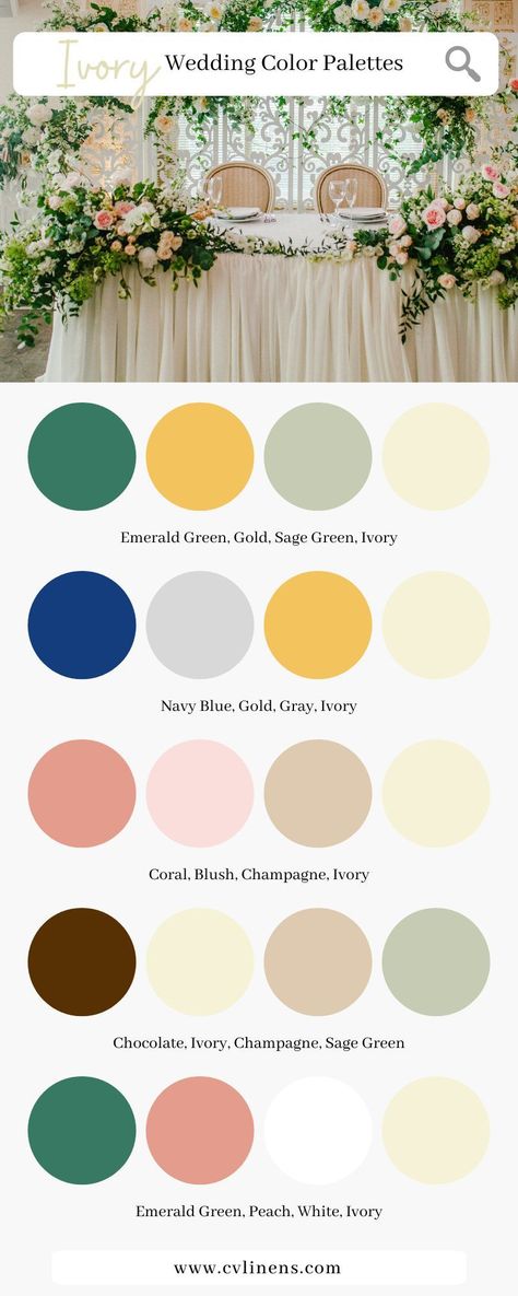 Ivory Wedding Theme Color Schemes, Spring Wedding Color Palette Flowers, Ivory Color Palette Colour Schemes, Wedding Color Schemes For August, Classy Wedding Palette, Ivory Wedding Color Schemes, Wedding Color Schemes Summer Elegant, Classic Wedding Theme Color Palettes, Reception Color Schemes