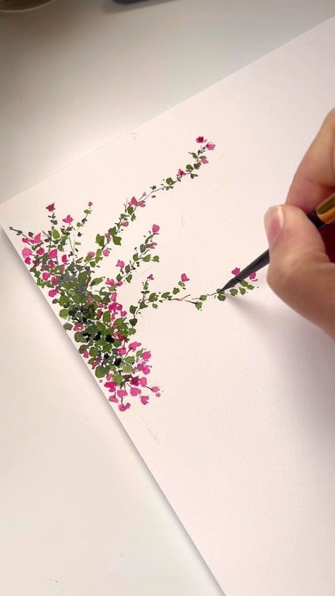 Bougainvillea Watercolor Tutorial, How To Draw Bougainvillea, Bougainvillea Drawing Simple, Bougainvillea Painting Watercolors, Watercolor Card Tutorial, Watercolour Bougainvillea, Flower Border Painting, Painted Bougainvillea, Painting Instagram Story