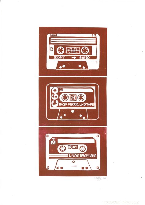 Cassettes Lino Print by Lauren Kelly Music Lino Print, Music Linocut, Lino Print Pattern, Lauren Kelly, Linocut Printmaking, Lino Art, Lino Cut, Linocut Art, Shrimp Cocktail