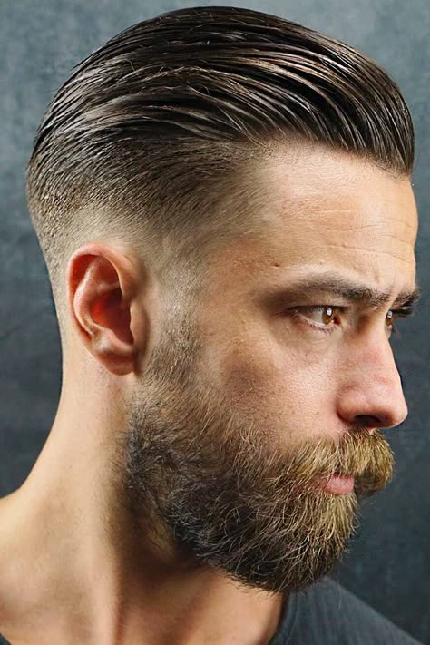 Mens Low Fade Haircuts To Copy In 2023 ★ Swept Back Long Top Haircut Mens Slicked Back Hairstyles, Combed Back Hair, Slick Back Haircut, Low Fade Haircut, Mens Hairstyles With Beard, Gents Hair Style, Beard Fade, Low Fade, Long Hair On Top