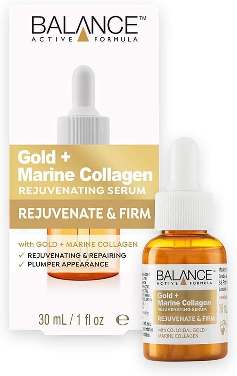 Balance Active Formula Gold and Marine Collagen Rejuvenating Serum - Light-Weight and Non-Greasy, Rejuvenating and Repairing, Plumper Appearance, Clear, 30 ml Colloidal Gold, Vegan Collagen, Collagen Serum, Firming Serum, Skin Structure, Skin Glowing, Apricot Oil, Wash And Go, Marine Collagen