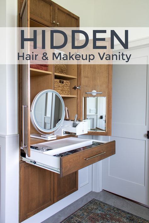 Walk In Closet Makeup Room, Built In Vanity In Bathroom Small Spaces, Makeup Nook Bathroom, Bathroom Makeup Cabinet, Hidden Vanity In Closet, Small Walk In Closet With Makeup Vanity, Hidden Vanity Ideas, Vanity Inside Closet Small Spaces, Hidden Makeup Vanity