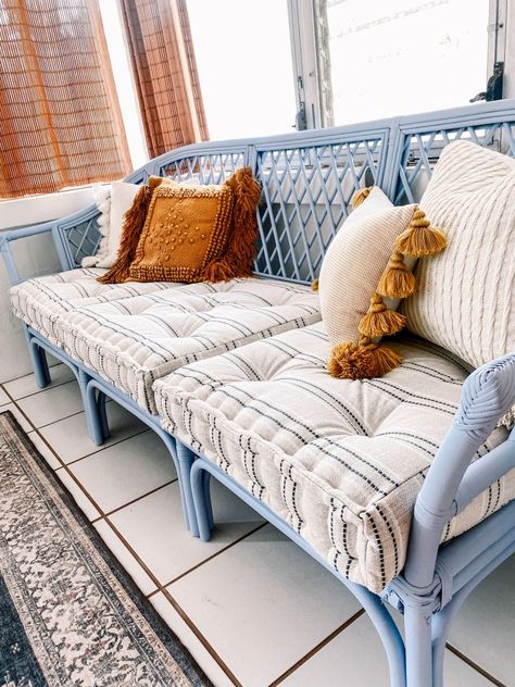 Cane Furniture For Balcony, Broken Rattan Furniture, Bamboo Conservatory Furniture, Rattan Furniture Patio, Rattan Sofa Makeover, Cane Painted Furniture, Vintage Sofa Makeover, Conservatory Furniture Upcycled, Cane Sofa Makeover