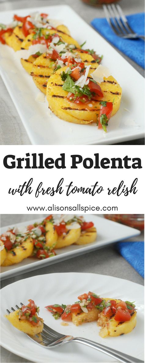 This grilled polenta with fresh tomato relish captures summer with a smoky polenta slices, and garden-fresh relish! Serve it as an appetizer or side! Polenta Slices, Easy Baked Potatoes, Fruit Appetizers Easy, Summer Dinner Recipes Grill, Vegetarian Grilling Recipes, Grilled Polenta, Easy Baked Potato, Vegetarian Grilling, Fruit Appetizers