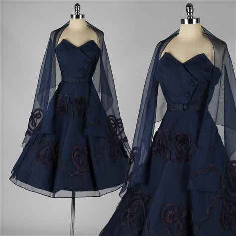 1950 blue evening dress with shawl Cocktail Dress With Shawl, Dark Blue Semi Formal Dress, Elegant Vintage Dresses Formal, Dark Blue Vintage Dress, 1950s Evening Dress, 1950s Dresses Formal, 50s Dresses Formal, Blue 50s Dress, 1950s Dress Formal