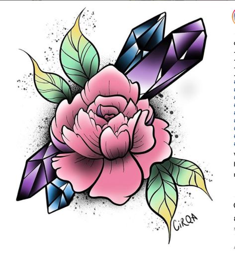 Rose And Jewel Tattoo, Colorful Crystal Tattoo, Crystal With Flowers Tattoo, Crystal Rose Drawing, Neotraditional Crystal Tattoo, Gem Tattoo, Rose Tattoos For Women, Rose Tattoo, Crystal Art