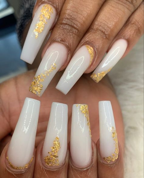 White ballerina bails with hints of gold foil White Nails With Golden Foil, White With Foil Nails, White Ballerina Nails Design, Milky White Nails Gold Foil, White Gold Leaf Nails, White And Gold Design Nails, White Nails With Foil Flakes, White And Gold Flake Nails, White And Gold Foil Nails