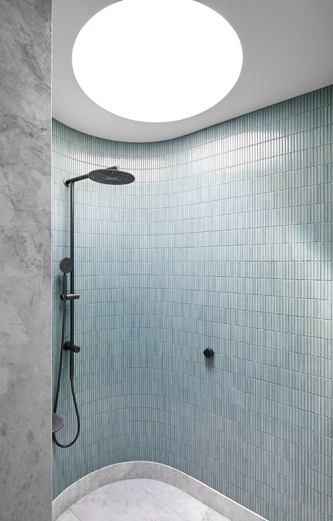 Primary Bath, South Melbourne, Melbourne House, Curved Walls, Blue Mosaic, Blue Bathroom, Bathroom Inspo, Shower Wall, Tile Design