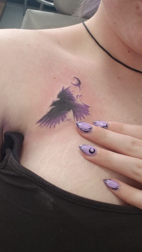 Raven Collar Bone Tattoo, Black Purple Tattoo, Dark Purple Tattoo, Purple And Black Tattoo, Crow Tattoo Chest Woman, Twin Raven Tattoo, Black And Purple Tattoos, Matching Raven Tattoos, Witchy Collarbone Tattoo