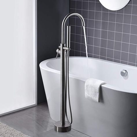 Artiqua Freestanding Tub Filler Bathtub Faucet Chrome Single Handle Floor Mounted Faucets with Handheld Shower - - Amazon.com Black Bathtub Faucet, Black Bathtub, Brass Faucets, Bathtub Faucets, Standing Shower, Stand Alone Tub, Bath Mixer Taps, Freestanding Tub Filler, Standing Bath