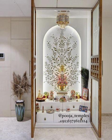 Mandir Design With Door, Pooja Unit In Living Room, Pooja Mandir Ideas Design, Pooja Room In Living Room, Mandir Design In Living Room, Devghar Design, Marble Pooja Mandir, Pooja Unit Designs, Mandir Design Puja Room