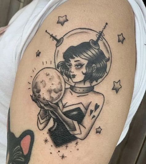 60s Art Tattoo, Space Lady Tattoo, Space Age Tattoo, 50s Inspired Tattoos, Pinup Face Tattoo, American Traditional Tattoos Feminine, Space Cowgirl Tattoo, Plus Size Pinup Tattoo, Retro Futurism Tattoo