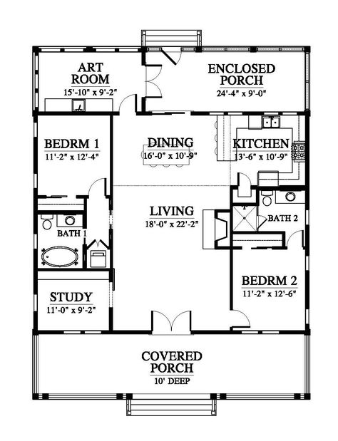 Floor Plans With Sunroom, 3 Bedroom Ranch House Plans, Cottage Floor Plans One Story, Cottage Blueprints, House Plans Modern, Allison Ramsey, Cottage Floor Plans, Small House Floor Plans, Sims House Plans