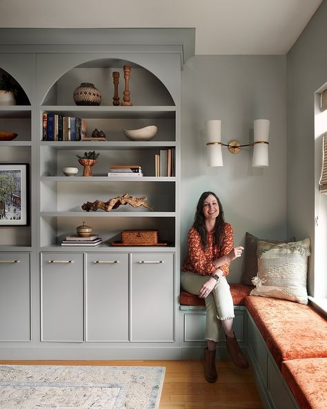 Heidi Callier Built In, Boothbay Gray Benjamin Moore Built Ins, Mix Of Vintage And Modern, Two Toned Bookcase, Inexpensive Built Ins, Entrance Shelves, Bookcase Colors, Farmhouse Build, Playroom Inspiration