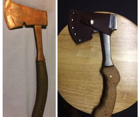 After going through some camping stuff I found an old hatchet that I always enjoyed using because of the weight and head size. It was extremely rusted and the... Tool Restoration, Camping Hatchet, Wood Store, Camping Stuff, Leather Store, Birdseye Maple, Belt Sander, Drill Press, Knife Handles