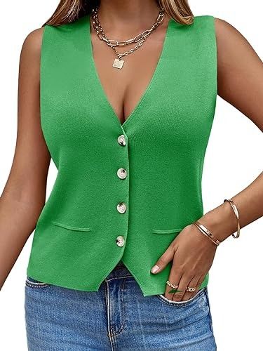 Saodimallsu Womens Sleeveless Sweater Vest Knit V Neck Button Fashion Casual Loose Spring Summer Waistcoat Cardigan Green at Amazon Women’s Clothing store Summer Waistcoat, Sweater Vest Knit, Vest Knit, Button Fashion, Cardigan Green, Sleeveless Sweater Vest, Knit V Neck, Sweater Vest Women, Stylish Sweaters