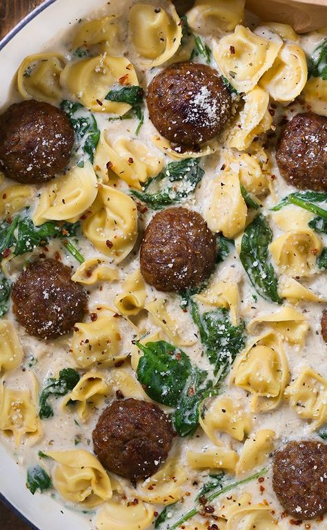 Creamy Spinach Meatballs, Meatballs And Tortellini, Ravioli And Meatballs, Creamy Spinach Tortellini, Creamy Onion Sauce, Cream Of Onion Soup, Spinach Meatballs, Pasta Pan, Steak Kebabs