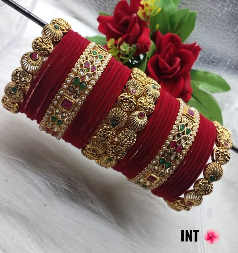 Bangle colour combination/Party wear Bangle/Bangles of Girls/Dulhan Bangles #bangle #threadbangle #goldbangle #weddingbangle #silkthreadbangle Red Bengals Set, Bridal Chura Set, Red Bangles Set Bridal, Rajasthani Bangles, Rajasthani Jewelry, Velvet Bangles, Bridal Chooda, Princess Accessories, Beautiful Bangles