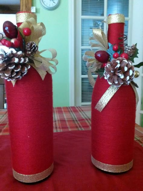 Christmas wine bottles Christmas Wine Bottles Diy, Diy Wine Bottle Crafts, Christmas Bottles, Diy Wine Bottle, Wine Bottle Crafts Christmas, Empty Wine Bottles, Christmas Wine Bottles, Christmas Gift Basket Ideas, Wine Bottle Art