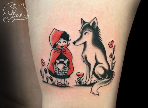 Little Red Riding Hood Tattoo, Red Riding Hood Tattoo, Hood Tattoos, Traditional American Tattoo, Traditional Blackwork, Pigeon Tattoo, Female Tattoo Artist, Couple Tat, Red Riding Hood Wolf