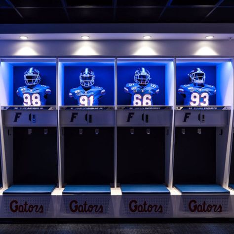 Florida-Gators-Football-Shield-Lockers-2 Football Locker Room, Athletic Locker, Adventure Room, Sports Locker, Florida Gators Football, Trophy Case, Jersey Display, Themed Kids Room, Gators Football