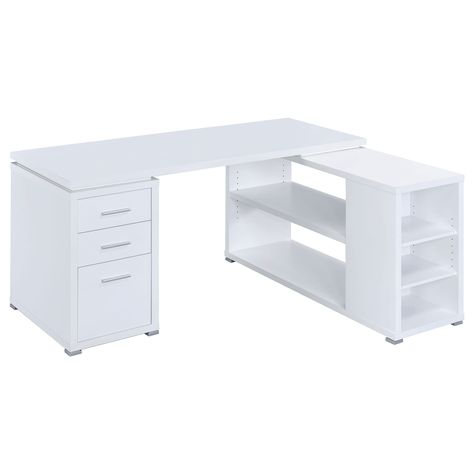 PRICES MAY VARY. This attractive office desk makes it easy to stay organized. With a variety of drawers and shelves, it provides lots of storage space for computer accessories, office supplies, and more. Its built-in file cabinet can hold legal size files, helping you keep your documents neat and tidy. Its large L shape promotes productivity with ample surface space to spread out. The sleek, no-nonsense design of this desk is accentuated by a lovely white finish. L-shape office desk with articul White L Shaped Desk, Wooden Office Desk, L Shaped Office Desk, L Shaped Executive Desk, Wood Office Desk, Drawers And Shelves, White Desk Office, L Shape Desk, White Coasters