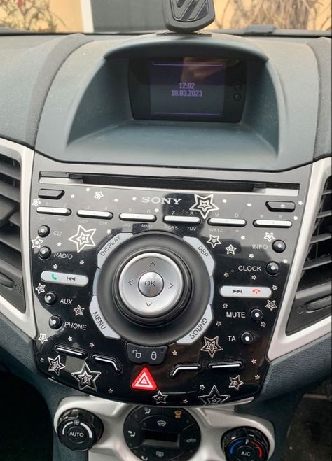 car decor inspo since i’m close to getting my license, this is ur sign... | TikTok Ford Fiesta Interior Ideas, Goth Car Exterior, Space Themed Car Interior, Car Inspo Exterior, Fairy Lights In Car, Car Roof Decoration, Dark Car Interior, Cute Car Mods, Car Ceiling Decoration