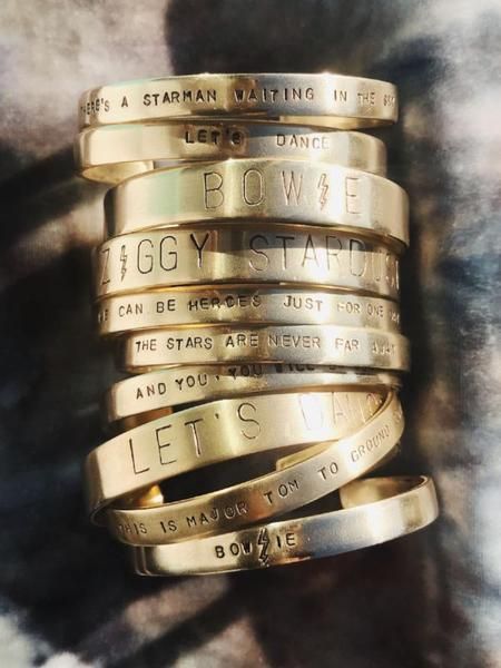 custom jewelry hand-stamped cuff bracelet brass david bowie lyrics rachael ray every day everyday magazine Hand Stamped Rings, Stamp Bracelet Ideas, Hand Stamped Silver Ring, Metal Stamped Bracelet, Pinky Promise Ring, Stamp Jewelry, Hand Stamped Cuff Bracelet, Stack Bracelets, Hand Stamped Ring