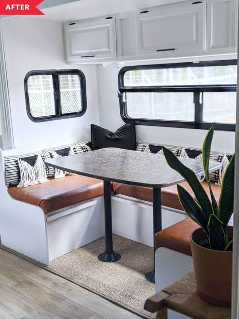 3 Amazing Boho Chic Camper Renovations You Have To See To Believe • Mobile Home Living U Shaped Camper Dinette, Redone Campers Interiors, Boho Travel Trailer Decor, Boho Trailer Interior, Pop Up Camper Must Haves, Diy Camper Makeover, Small Camper Renovation, How To Remodel A Camper, Camper Flip