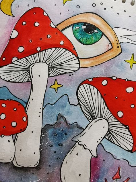 Watercolor Blog, Psychadelic Art, Art Sketches Doodles, Hippie Painting, Indie Art, Arte Inspo, Mushroom Art, Trippy Art, Hippie Art