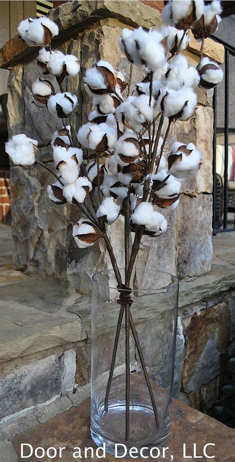 Cotton Floral Arrangement, Cotton Stems Decor, Wooden Container, Vase Deco, Rustic Farmhouse Living Room, Cotton Decor, Cotton Boll, Cotton Stems, Silk Flower Arrangements