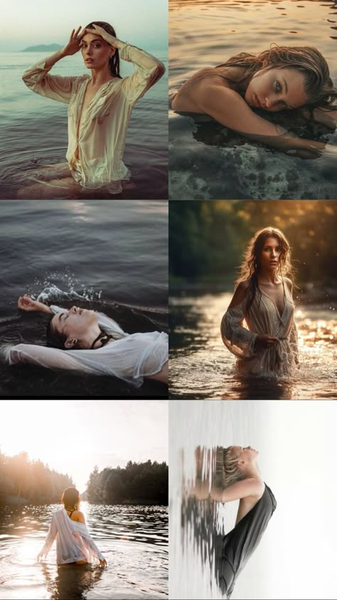 Vogue Water Photoshoot, White Shirt Wet Look Photoshoot, River Portrait Photoshoot, People In Water Photography, Flowy Dress In Water Photoshoot, Waterfall Portrait Photography, Water Photo Shoot Ideas, Water Photoshoot Poses, Editorial Water Photoshoot