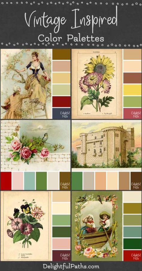 vintage inspired color palettes | DelightfulPaths.com Vintage Green Color Scheme, Vintage Illustration Color Palette, Vintage Pantone Colour Palettes, Victorian Color Palette Vintage, Designer Color Palettes, Vintage Branding Design Color Palettes, Vintage Paint Colors Colour Palettes, French Color Palette Vintage, Color Palette Coloring Book